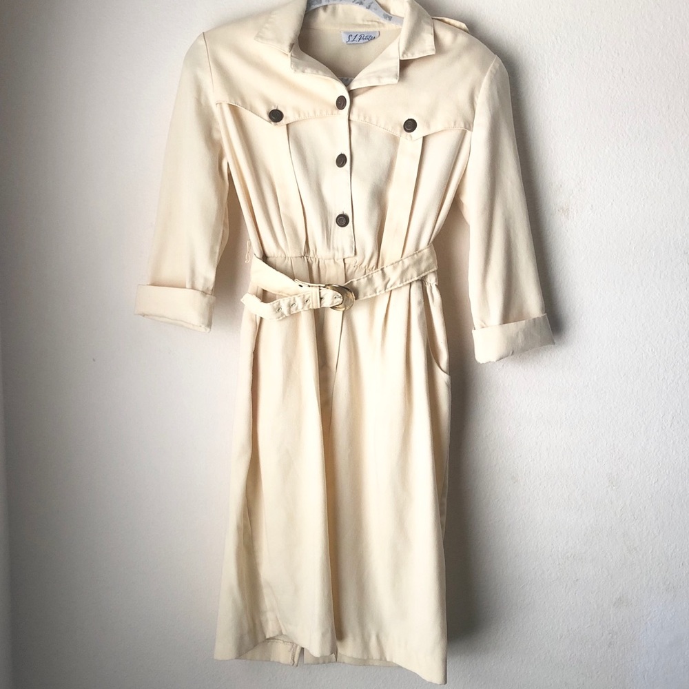 Vintage Button Midi Dress With Belt Cream 6P - Picture 1 of 13